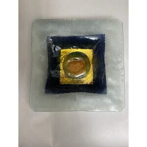 Vintage Israeli Hanna Bahral Art glass Gilt Navy Orange Square Dish 8" x8"